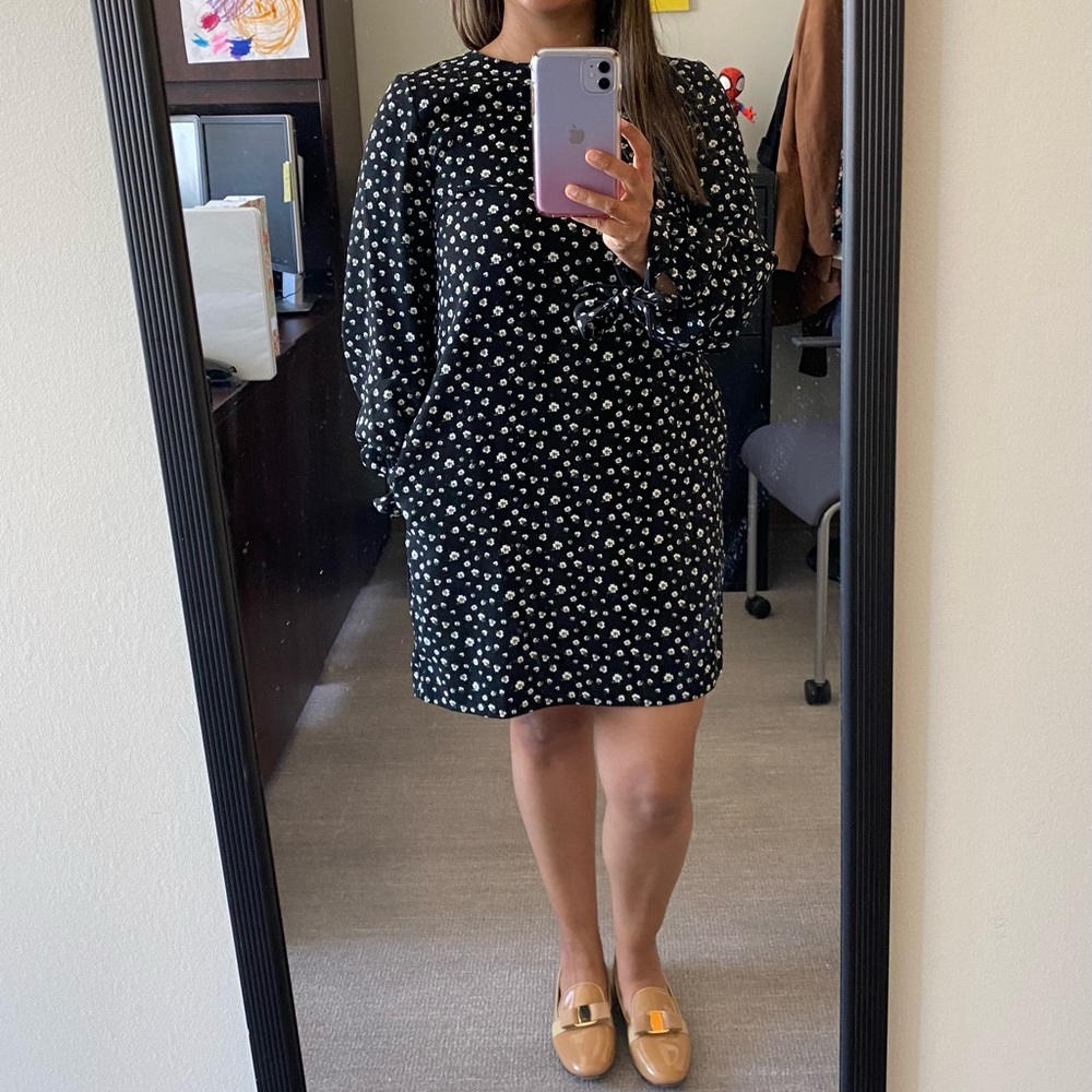 H&M - Black Long Sleeve Dress with White Ditsy Floral Print